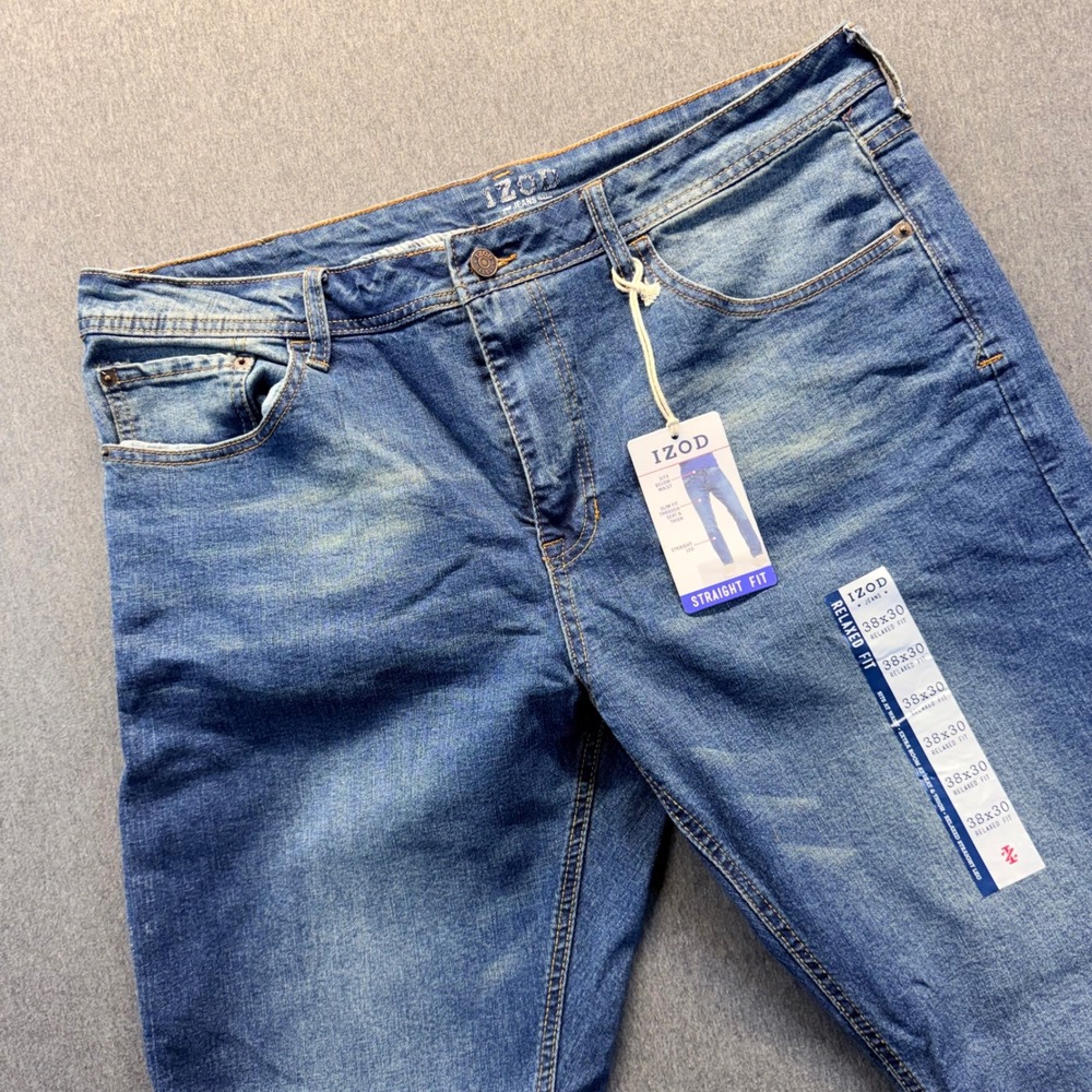 IZOD Jeans Mens 38x30 Blue Relaxed Fit Comfort Stretch Straight Leg Denim NEW